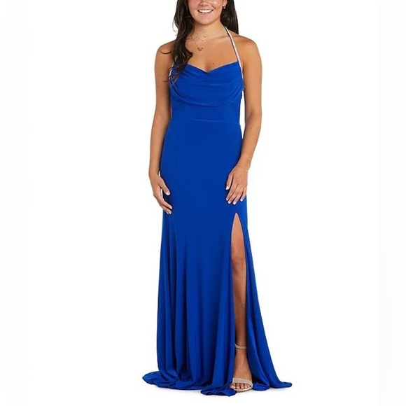 Morgan & Co.
Halter Draped Neck Rhinestone Strap Side Slit Gown Royal blue 5 - Picture 1 of 4